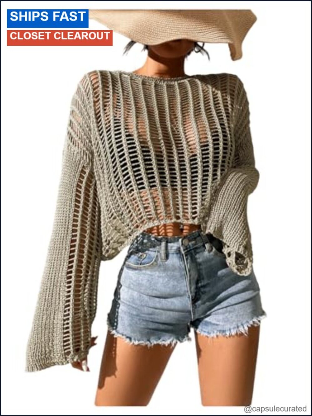 Hollow Out Crochet Sweater Flare Sleeve Lightweight Pullover